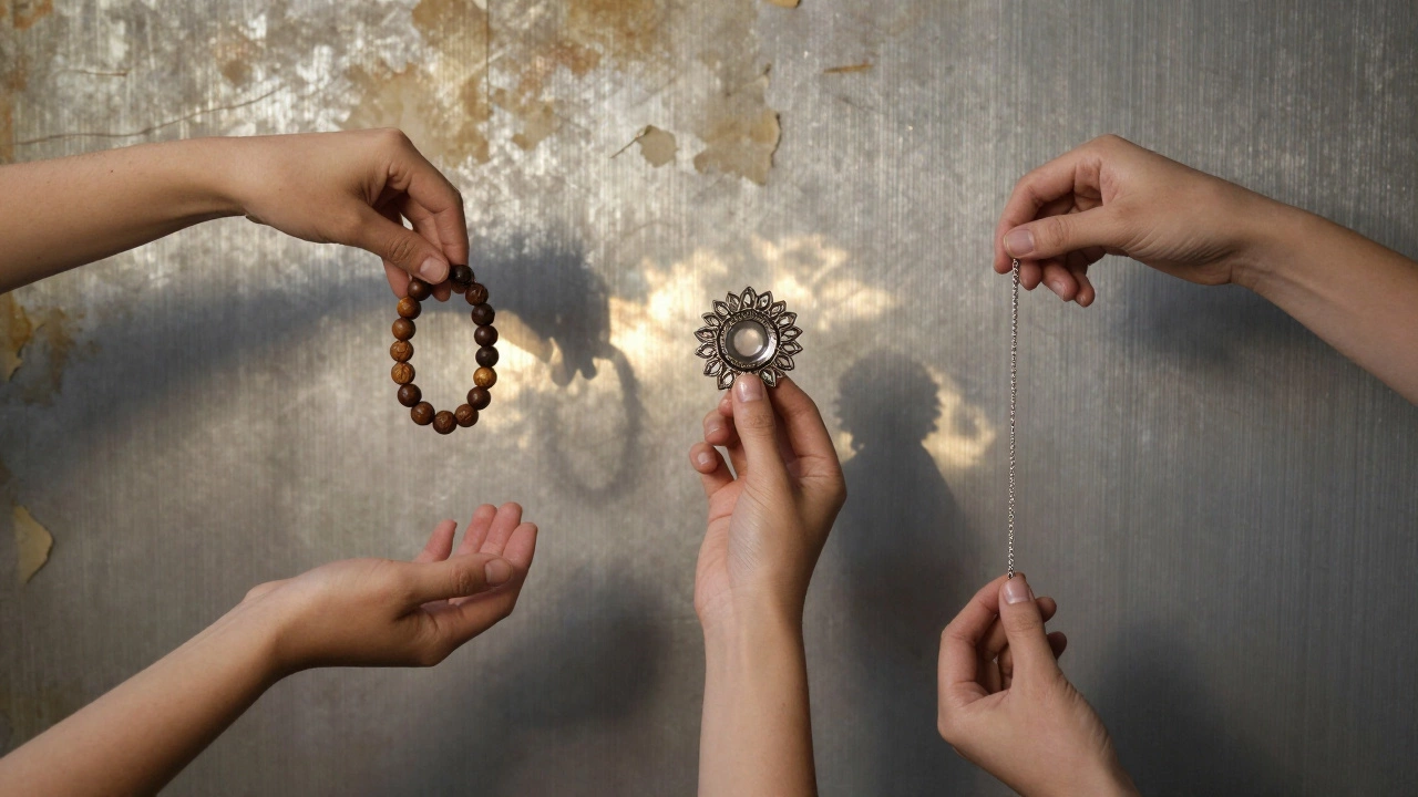 Три аксессуара — браслет, брошь и цепочка — парят в воздухе на фоне текстурированной поверхности.