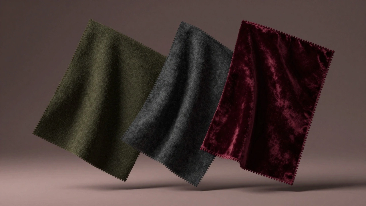 Три текстуры тканей: темно-оливковая шерсть, серый кашемир с оттенком сажи и бордовая вельветовая ткань на темном фоне.