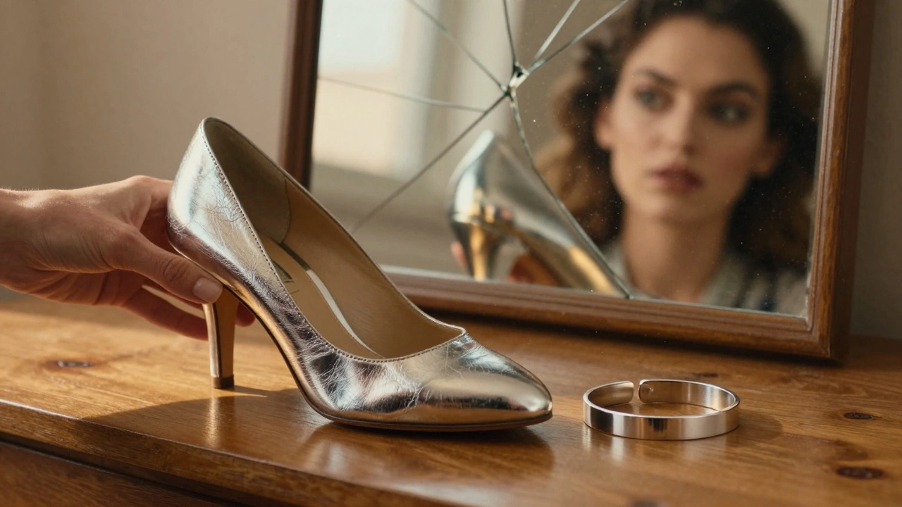 Винтажная туфля и современный браслет на деревянном столе с отражением глаз в разбитом зеркале.