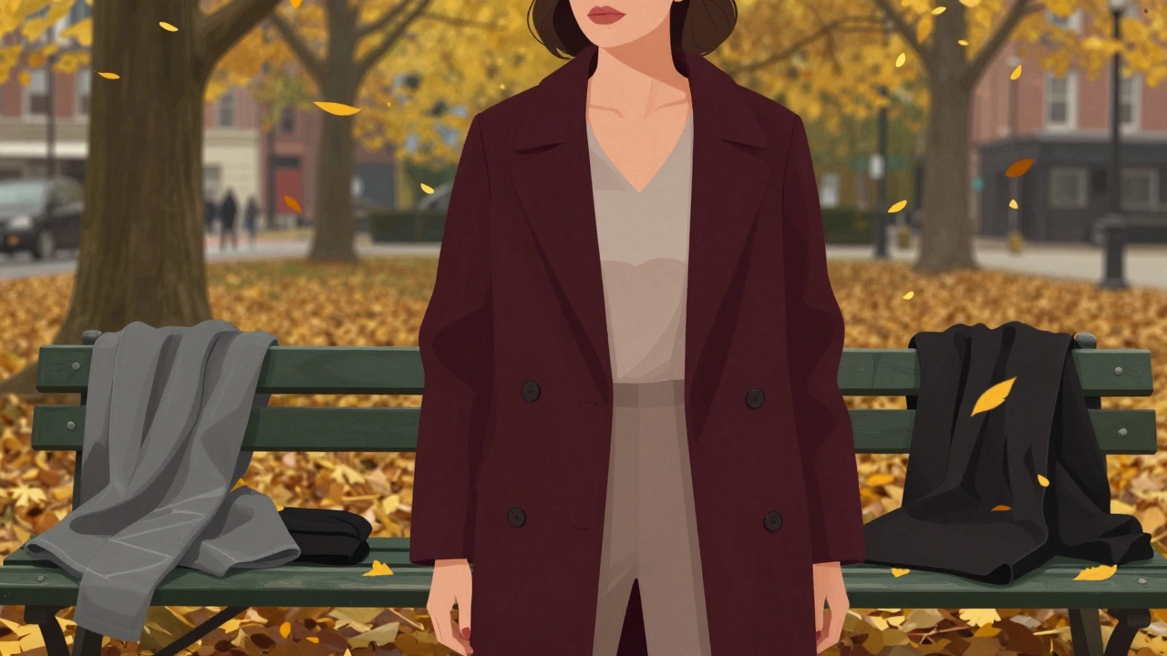 Женщина в бордовом пальто стоит в осеннем парке, теплый цвет мягко сглаживает черты лица.