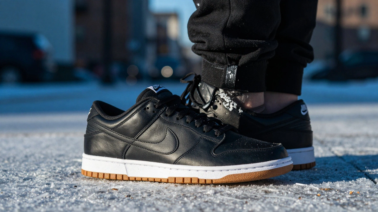 Ближний план зимних кроссовок Nike Dunk Low Pro на заснеженной брусчатке, виден рельеф подошвы.