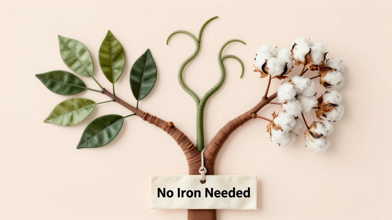 Дерево с ветвями из разных тканей: гладкие, эластичные и мятые листья, символизирующие ткани без глажки.