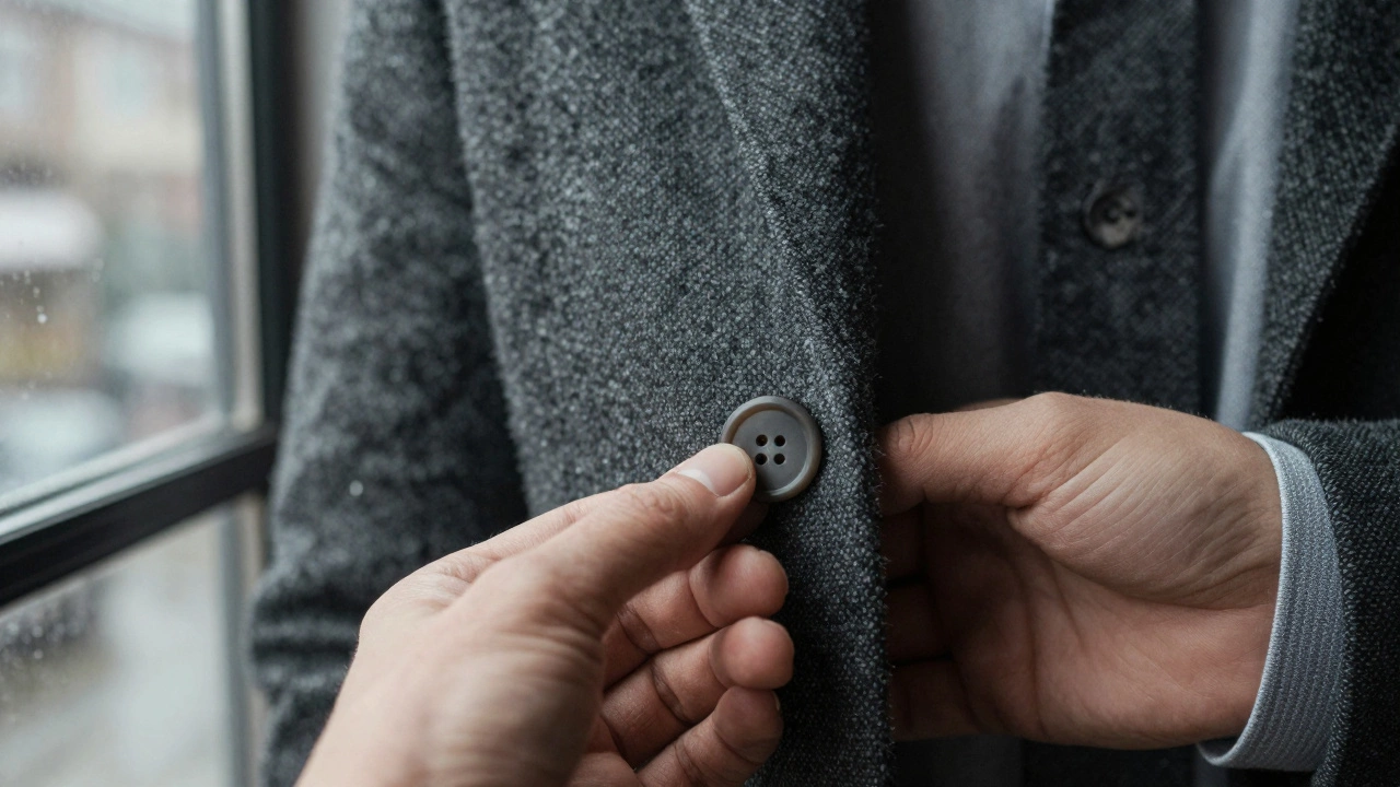 Детали осенней мужской моды 2024: матовая пуговица, текстура шерсти и подогнутый манжет рубашки.