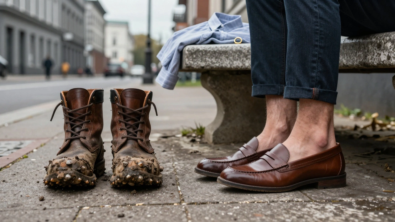 Две пары обуви — массивные ботинки и мокасины — лежат на тротуаре рядом с сложенной рубашкой и кольцом.