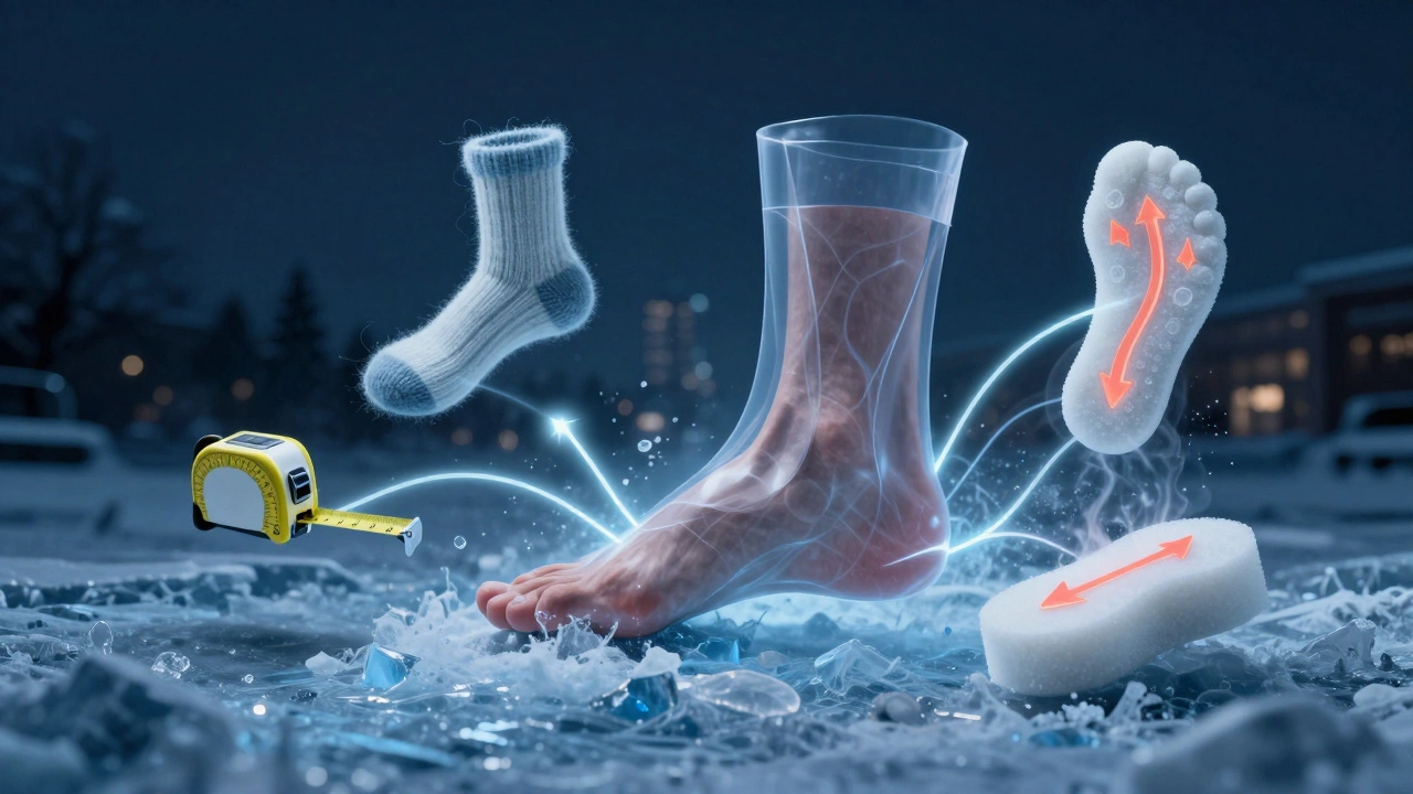 Фут в окружении шести элементов зимней системы: размер, носки, мембрана, подошва, сухость, кровообращение.