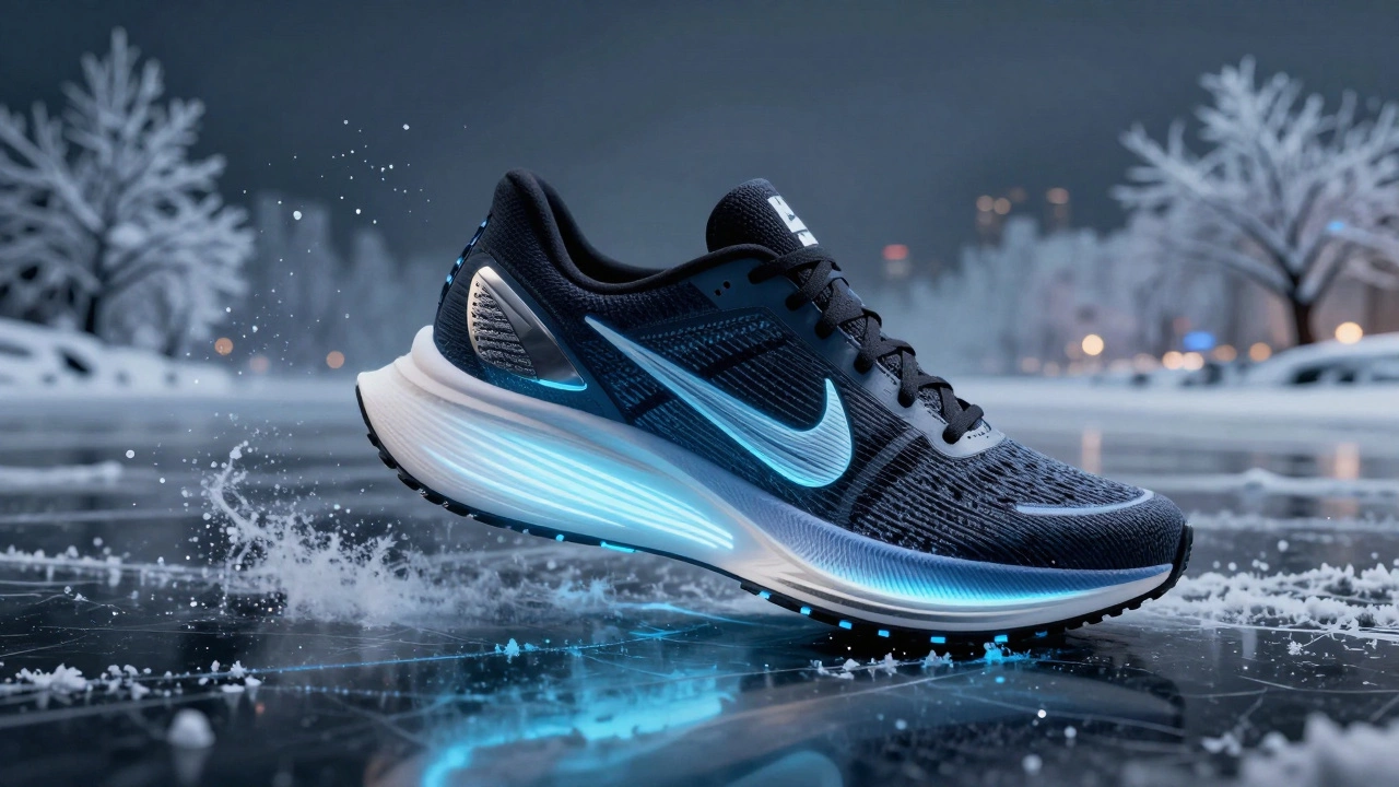 Кроссовки Nike ZoomX Invincible Run на льду с тепловыми линиями и металлическими вставками, зимний пейзаж на заднем плане.