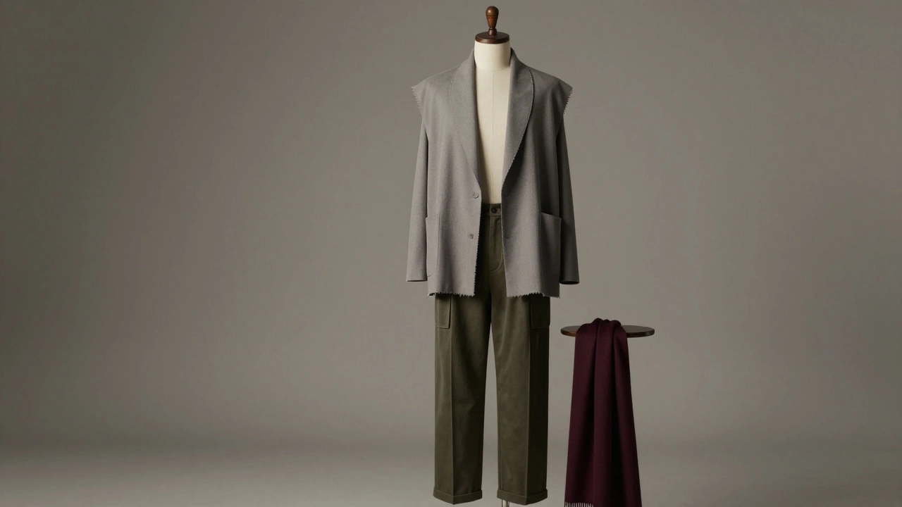 Минималистичный мужской образ на манекене: безрукавный пиджак, брюки с выступающими карманами, в тусклых тонах.