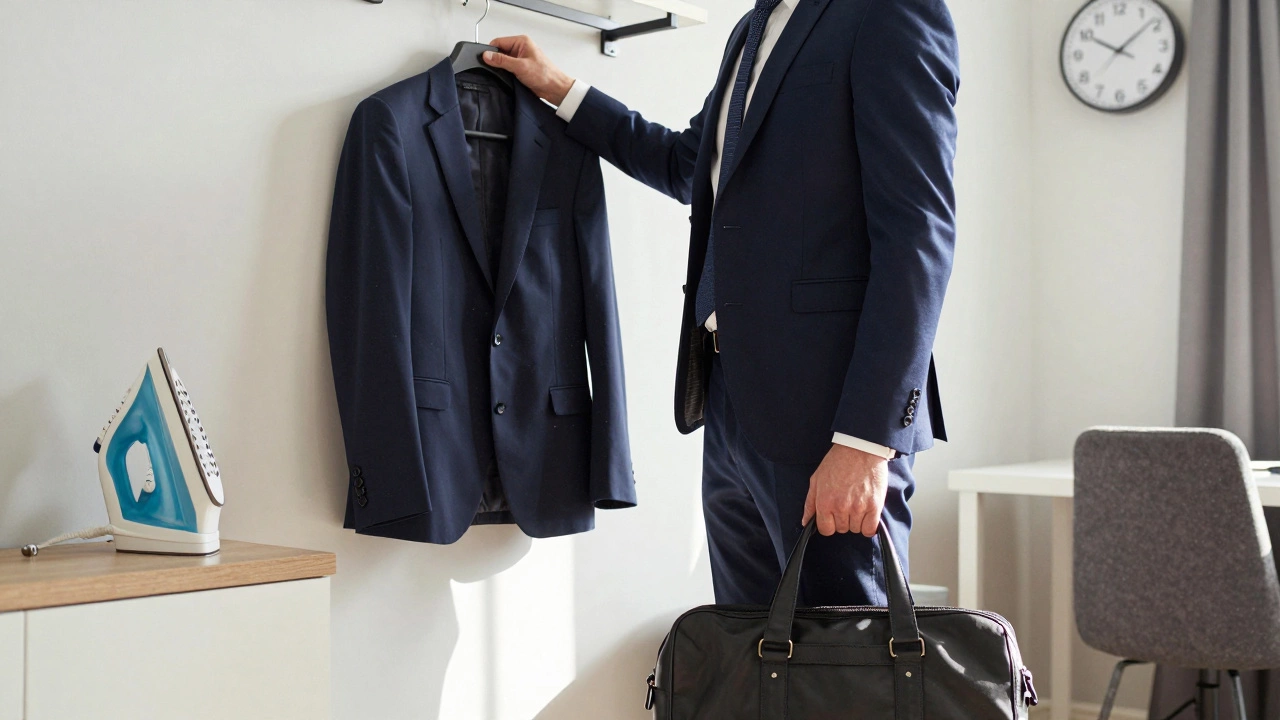 Мужчина в деловом костюме из полиэстера оставляет куртку на вешалке, утюг не используется.