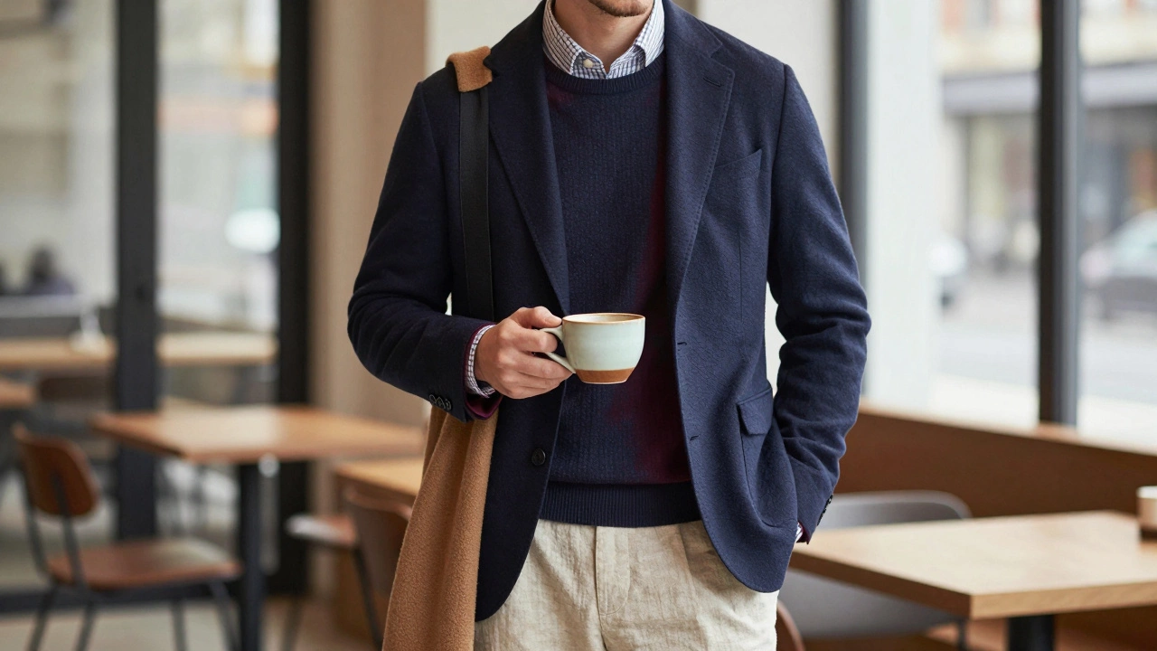 Мужчина в темно-синем пиджаке и тонком свитере с видимым воротником рубашки в кафе с естественным светом.