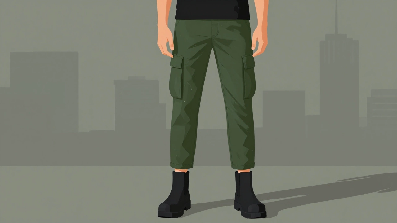 Мужские карго-брюки оливкового цвета с минималистичными карманами и платформенными ботинками.