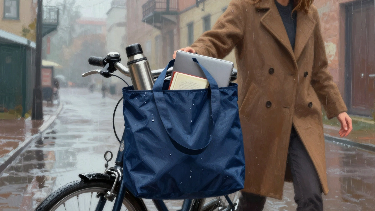 Объёмная сумка-тоут на велосипеде в дождливом дворе в Санкт-Петербурге.