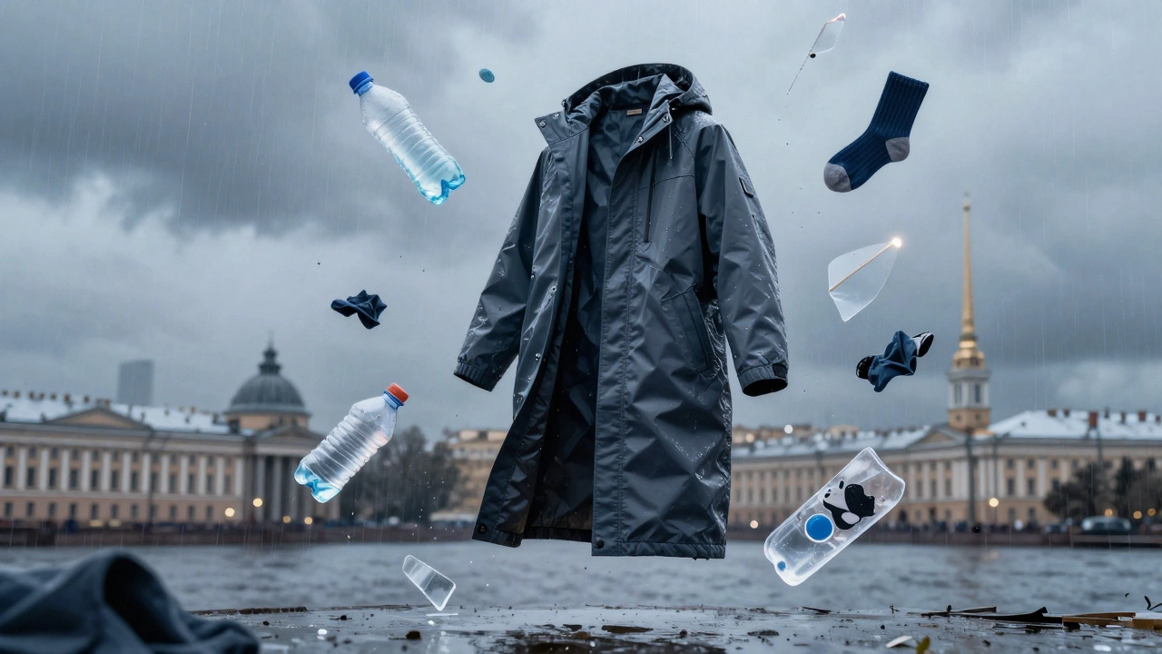 Пальто из переработанного полиэстера парит в воздухе, вокруг — фрагменты пластиковых бутылок и тканевых отходов, превращающихся в материал.