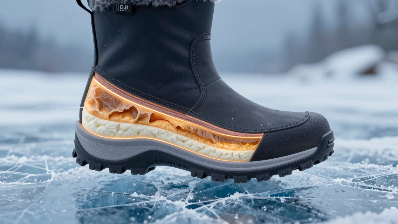 Разрез зимнего ботинка, показывающий слои: мембрана, утеплитель и агрессивная подошва на льду.