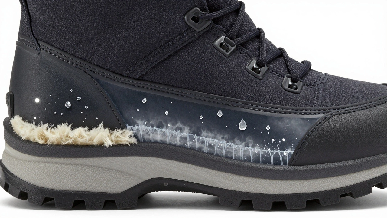 Разрез зимней обуви, показывающий слои: мембрана, подошва и подкладка, с конденсацией внутри.