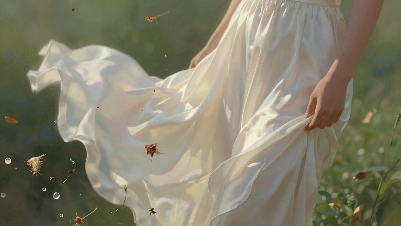 Руки держат био-шелковое платье, светящееся мягким светом, вокруг — растительные волокна.