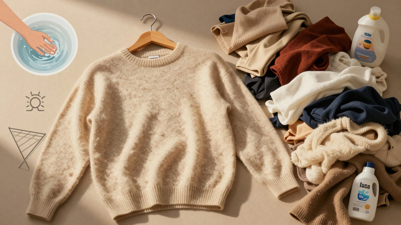 Шерстяной свитер через годы использования рядом с выброшенной одеждой, символизирующий долговечность.