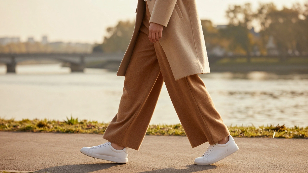 Широкие брюки карамельного цвета с длинным пальто, идущие вдоль реки на закате.