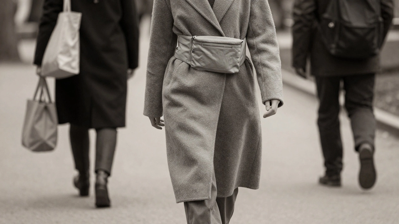 Сумка-пояс плотно облегает талию женщины зимой в парке.