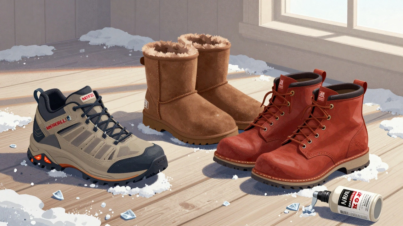 Три типа зимней обуви на ледяном полу: технические ботинки, утепленные ботинки и рабочие ботинки с резиновой подошвой.