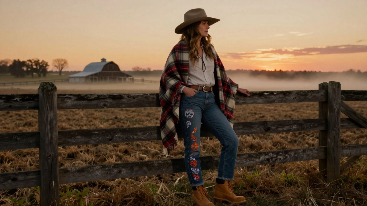 Женщина в широкополой шляпе и пледе на плечах стоит у забора в сельской местности, в джинсах с вышивкой и ботинках Timberland.