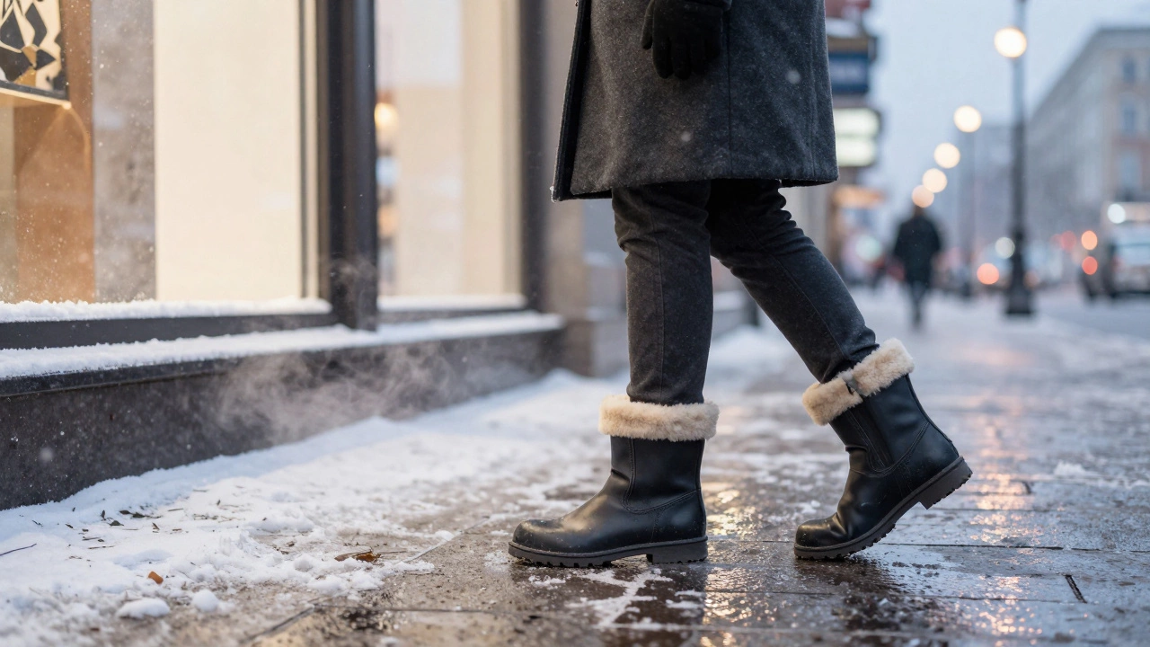 Зимние ботинки с текстурированной подошвой на снежной улице Москвы при сумерках.