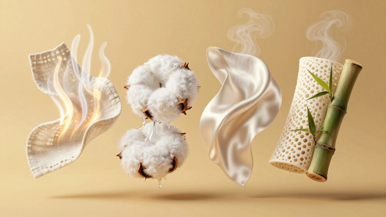 Четыре натуральные ткани — лён, хлопок, шёлк и бамбук — демонстрируют свою воздухопроницаемость.