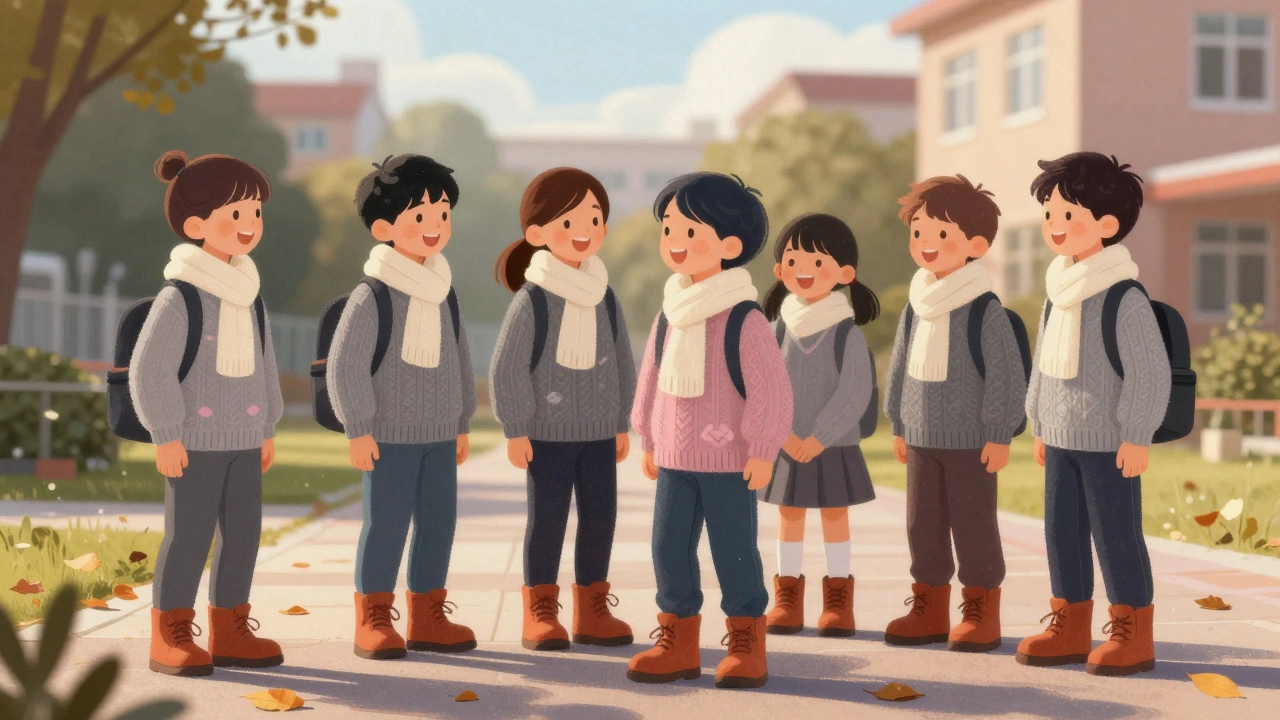 Дети в тёплых серых свитерах и кремовых шарфах смотрят на осенние листья на школьном дворе.