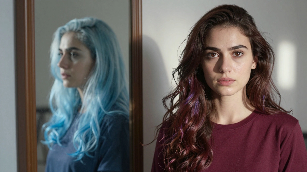 Два зеркала: слева — бледность от холодного синего, справа — сияние от бордового с фиолетовым отливом.