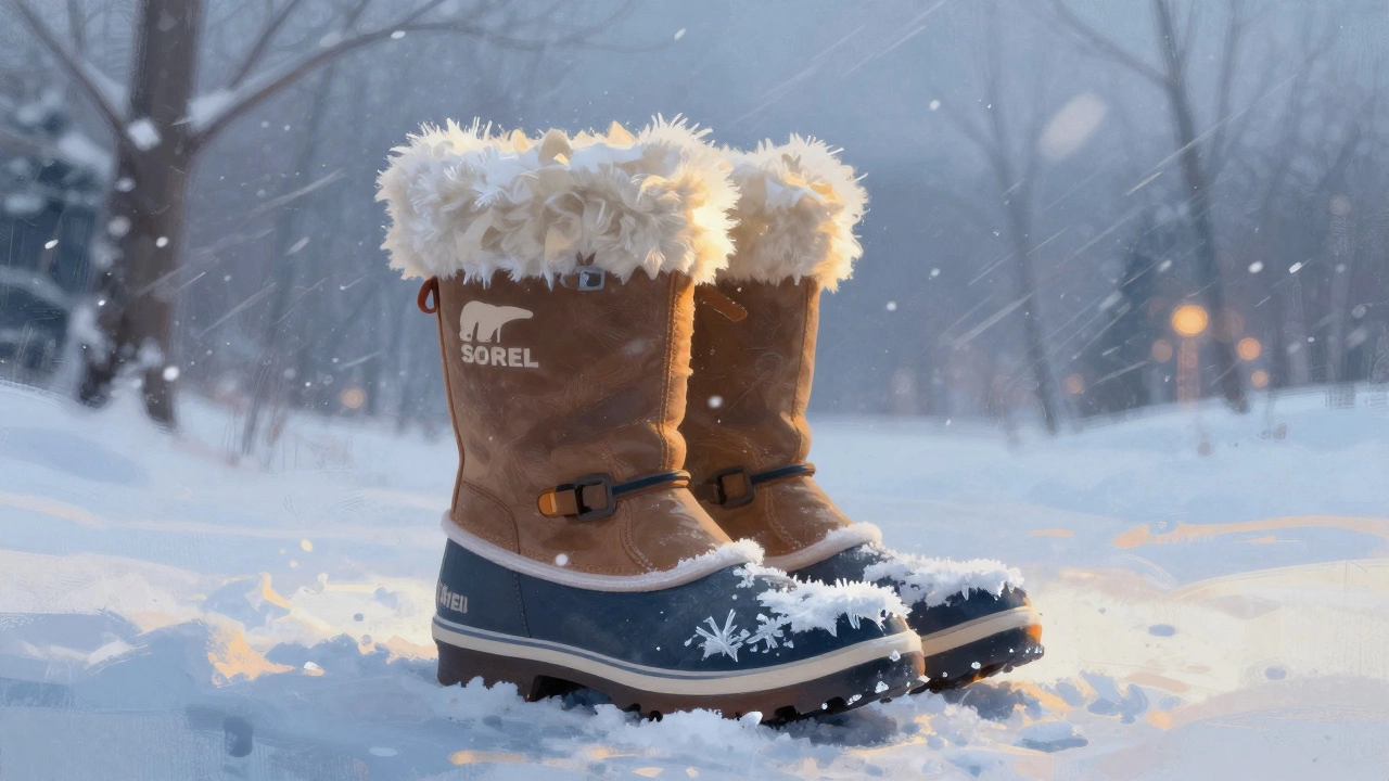 Канадские ботинки Sorel Caribou стоят в снежной буре, внутри виден мех, снег кружится вокруг, тепло светится изнутри.