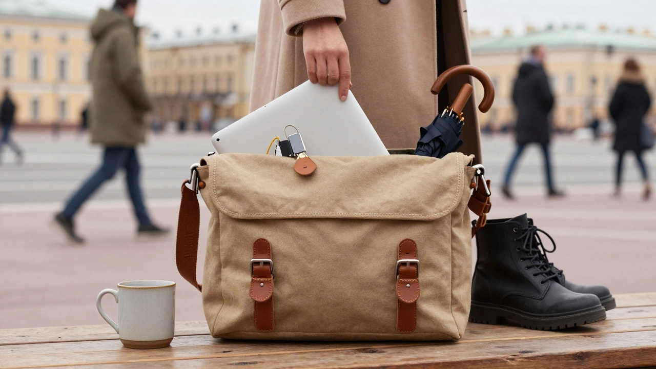 Кожаная сумка-мессенджер с личными вещами на фоне зимнего города.