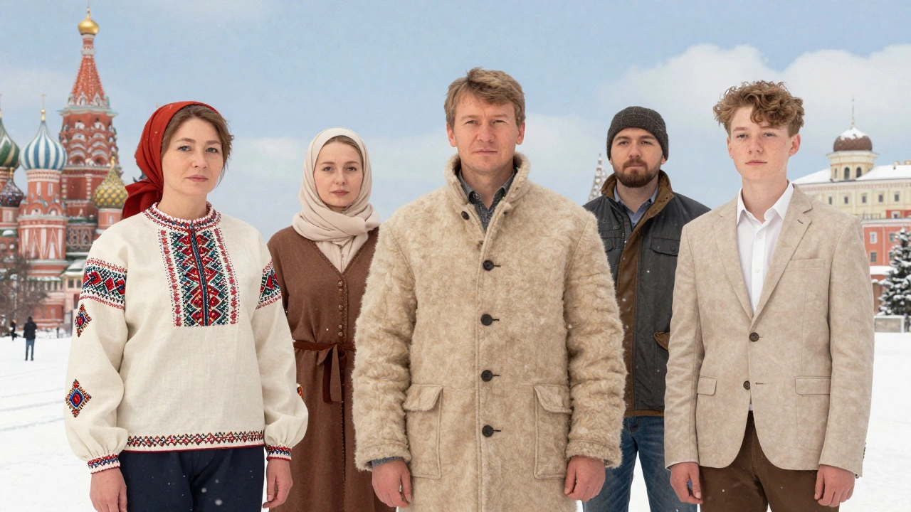 Люди в одежде из российских регионов — Вологды, Калуги, Твери — стоят под зимним небом, без логотипов, только натуральные ткани и ручная вышивка.