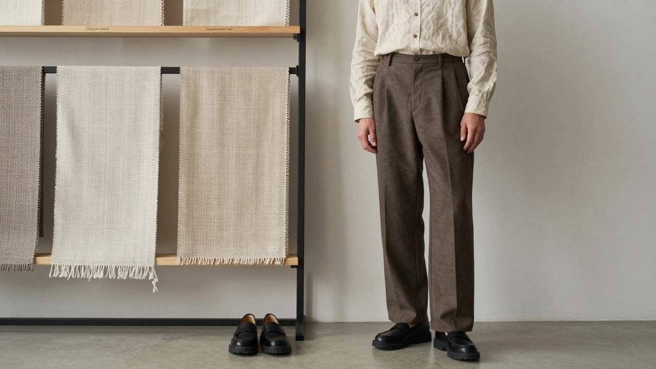 Мужчина рассматривает этикетки с натуральными тканями в минималистичной обстановке.