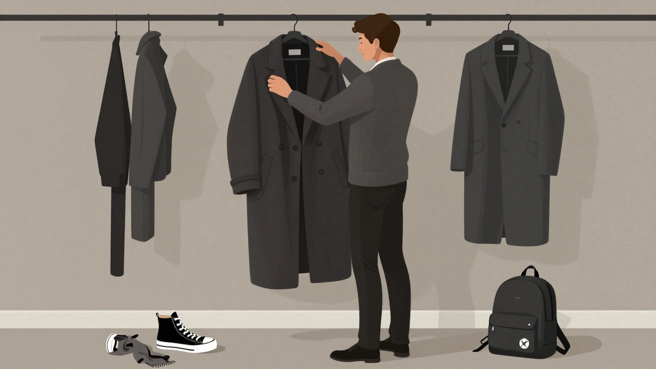 Мужчина убирает устаревшую одежду, заменяя её современной, минималистичной.