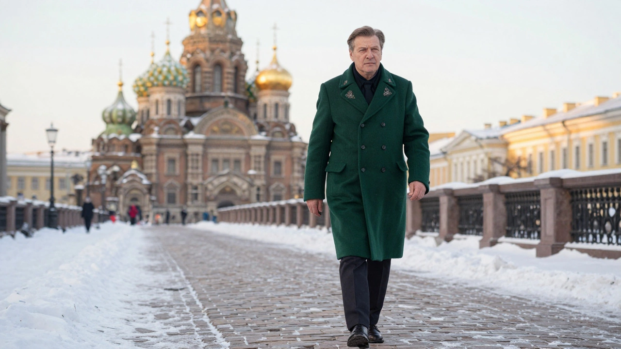 Мужчина в изумрудном пальто с вышивкой гуляет по снежному мостовой в Санкт-Петербурге.