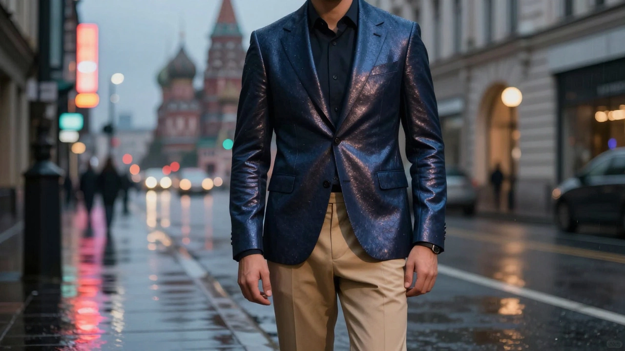Мужчина в темно-синем пиджаке с металлическим блеском и бежевыми брюками на московской мокрой улице вечером.