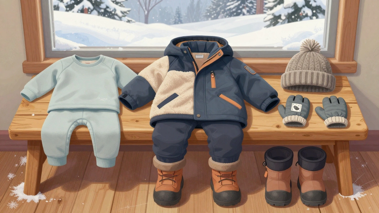 На деревянной скамье разложены слои детской зимней одежды: термобельё, флис, куртка, ботинки и шапка.