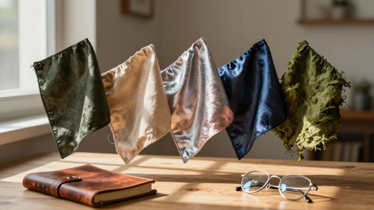 Пять тканевых образцов цветов 2024 года: оливковый, бежевый, серо-розовый, темно-синий и природный зеленый на деревянном столе.