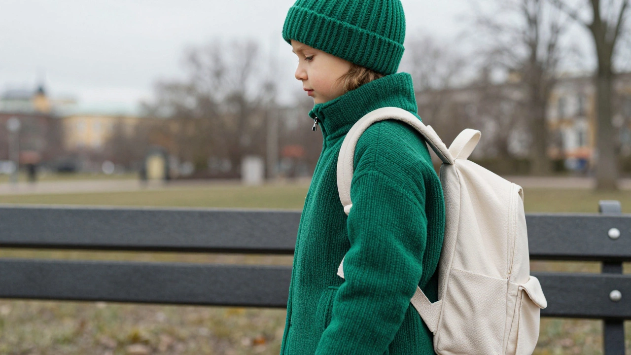 Ребёнок в изумрудной куртке с текстурированной тканью и шапкой стоит в парке под серым небом.