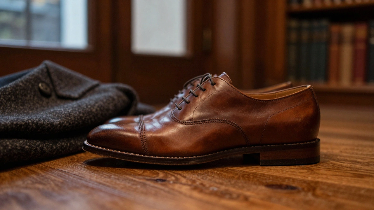 Ручная кожаная обувь без логотипов, с тонкой подошвой и видимыми швами на деревянном полу.