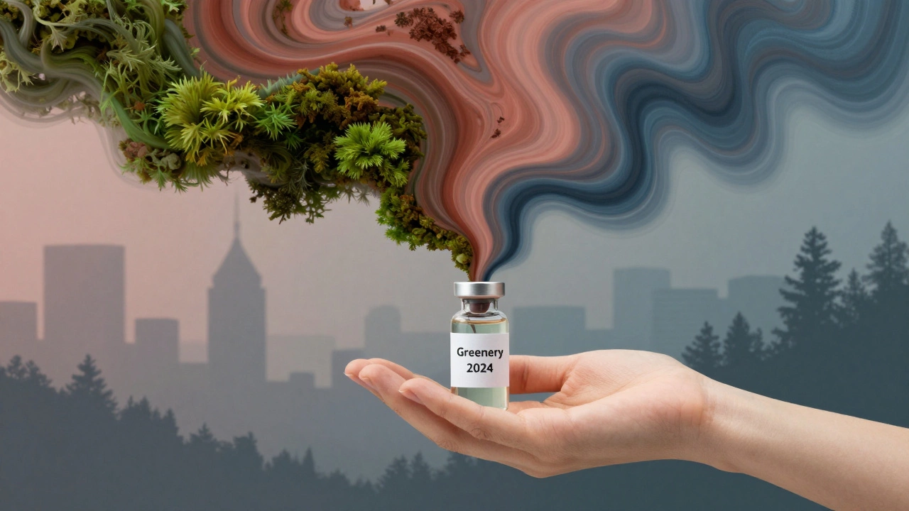 Рука держит флакон с цветами зеленого, терракотового, пыльно-розового и серо-голубого, символизирующий эмоциональное равновесие.