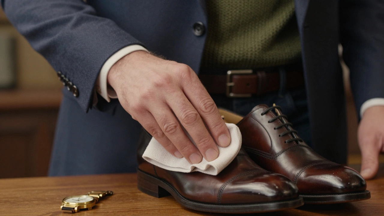 Рука мужчины полирует ботинки, рядом — качественная одежда без лишних деталей.