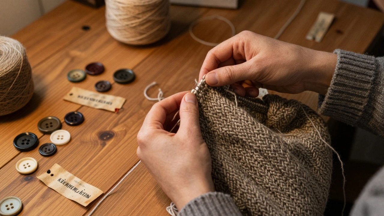 Руки перерабатывают старый шерстяной свитер в мастерской в Нижнем Новгороде, нити и пуговицы рассыпаны на деревянном столе.