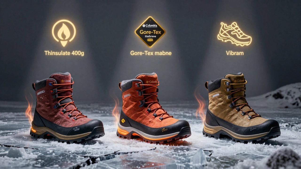 Три зимних ботинка рядом: Columbia, Merrell и Wolverine, над ними — символы утеплителя и мембраны, на ледяной земле.