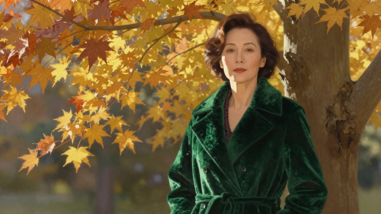 Женщина в бархатном изумрудном пальто рядом с осенним кленом, мягкий свет подчеркивает ее элегантность.