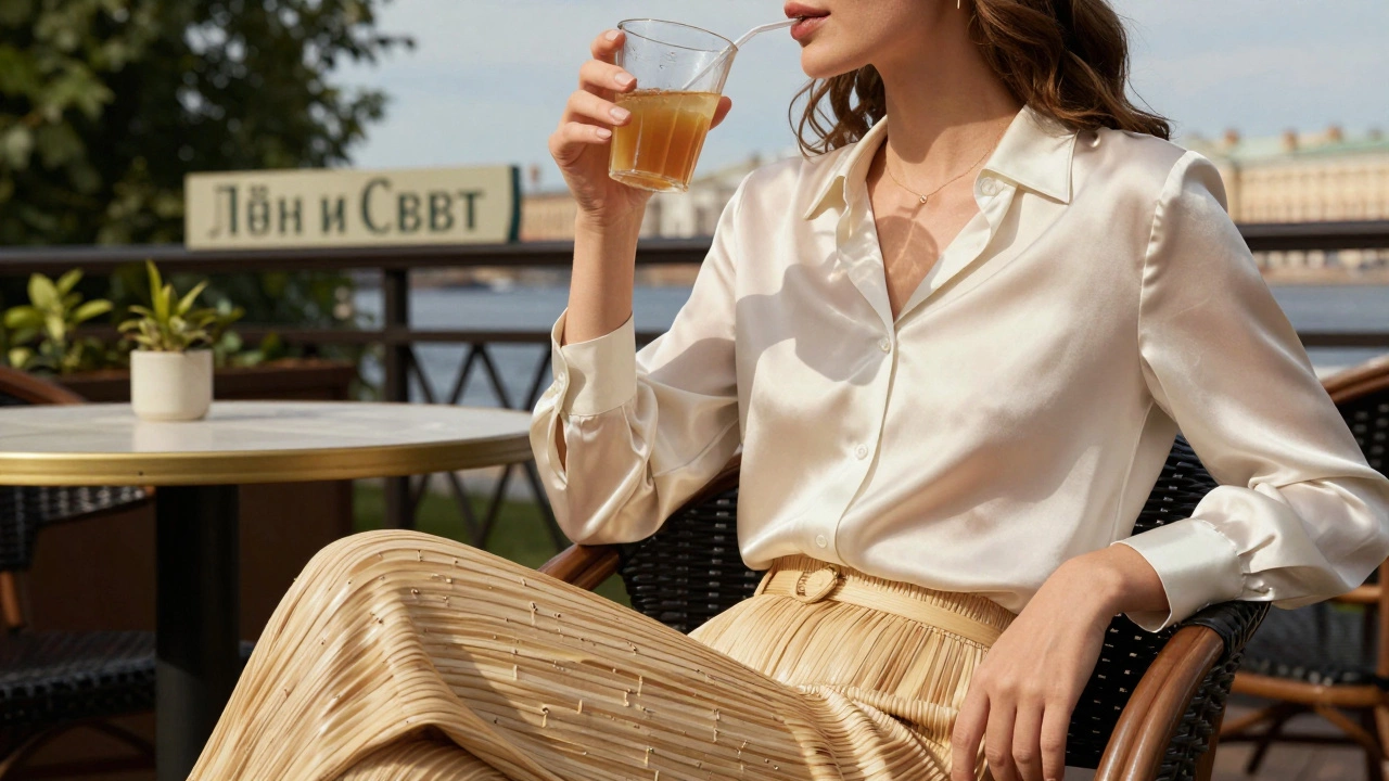 Женщина в шёлковой блузке и брюках из бамбука сидит в кафе, наслаждаясь прохладой летнего дня.