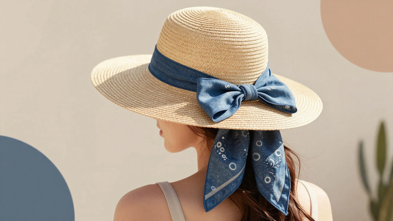 Женщина в соломенной шляпе с бантом и шарфом с джинсовым принтом.