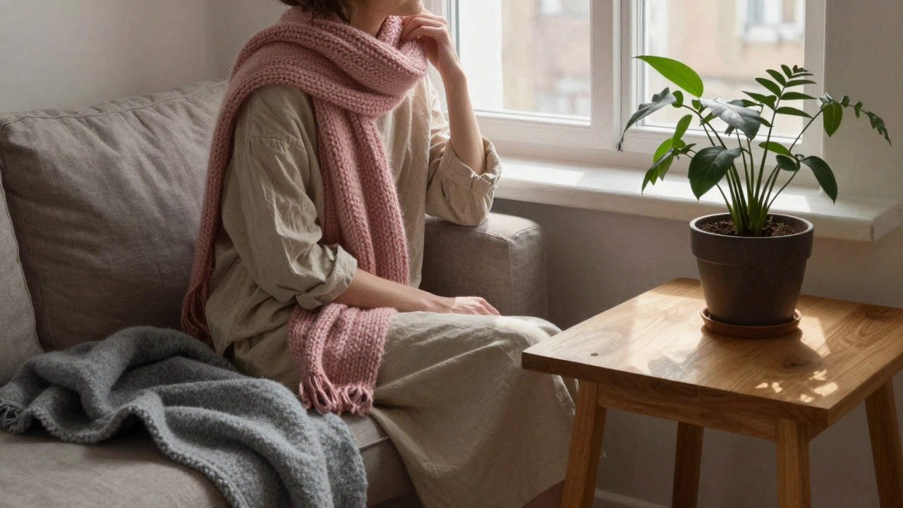 Женщина в уютной комнате с пыльно-розовым шарфом, серым пледом и горшком с растением на деревянном столе.