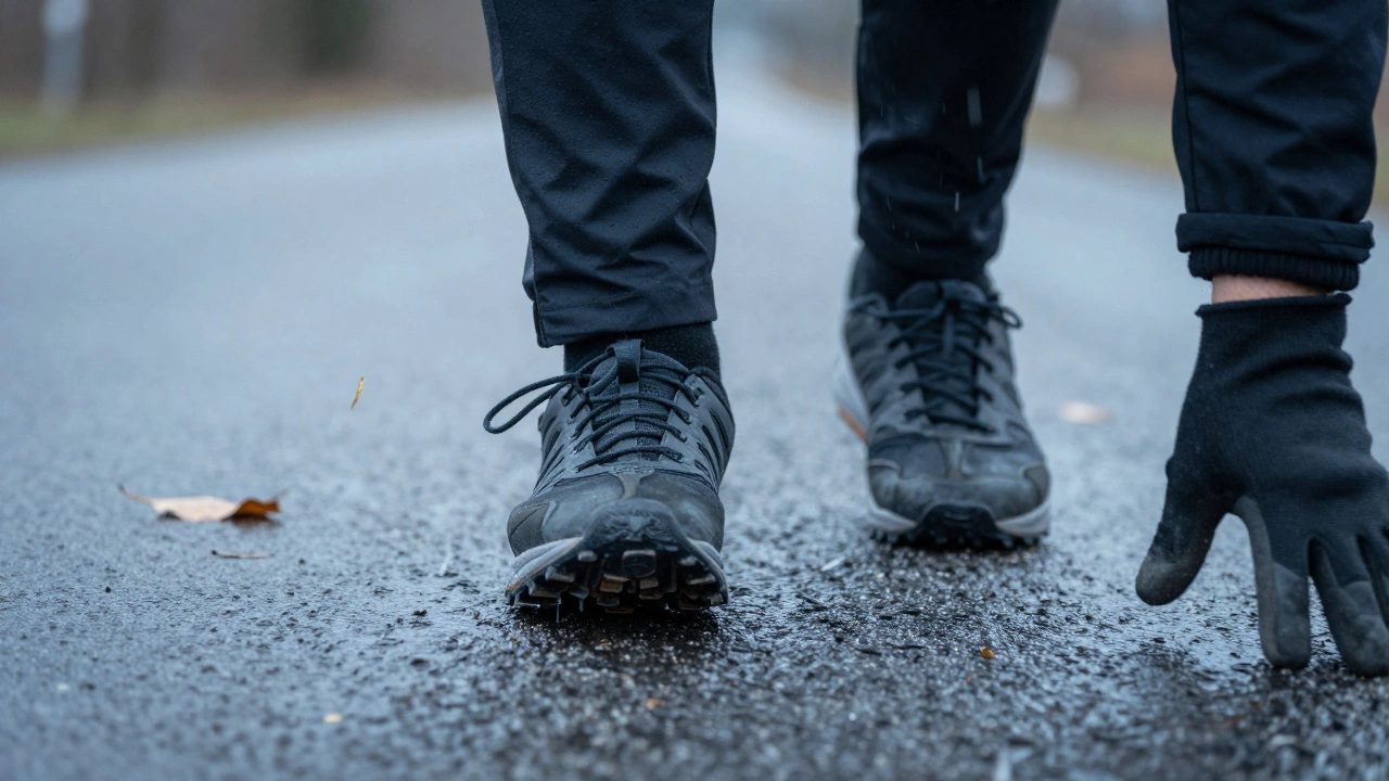 Беговые кроссовки на мокром асфальте и тонкие перчатки.