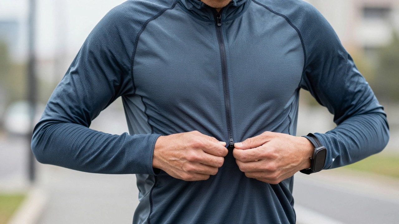 Бегун настраивает ветровку поверх базового слоя одежды.