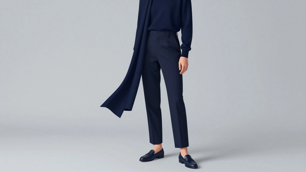 Боковой вид человека в монотонном наряде с длинным шарфом, подчеркивающим рост без каблуков.